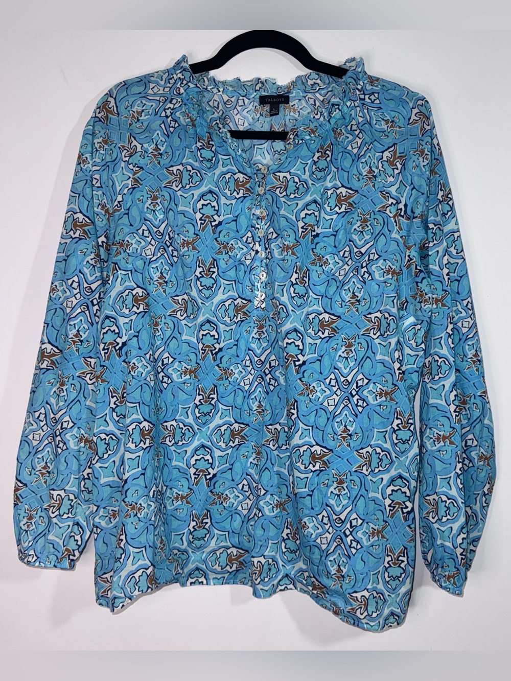 Talbots Aqua Blue Medallion Print Peasant Blouse Large 100% Cotton Boho Top